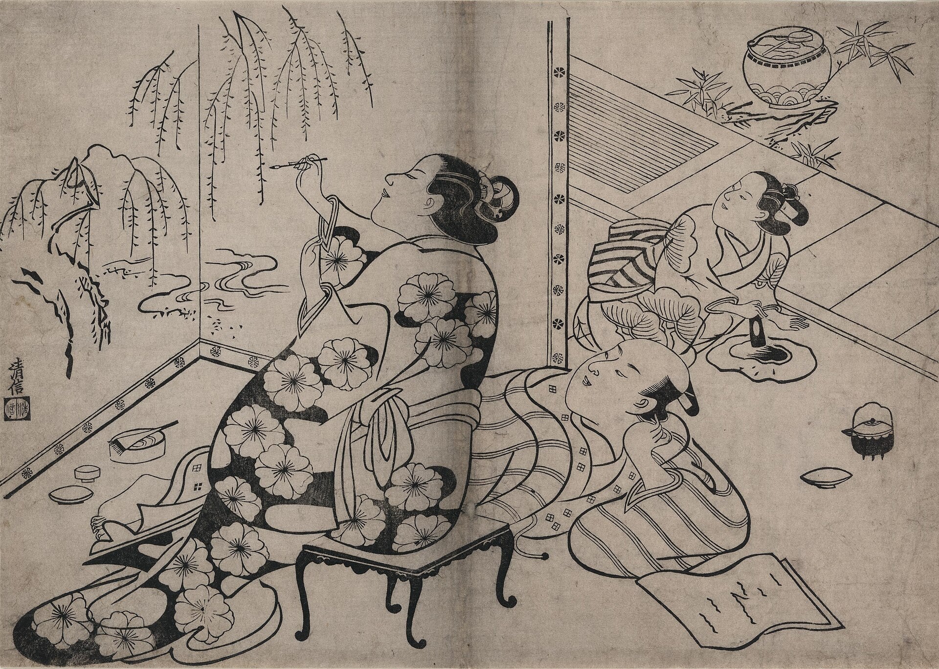 Courtisane peignant un paravent, œuvre de Torii Kiyonobu I