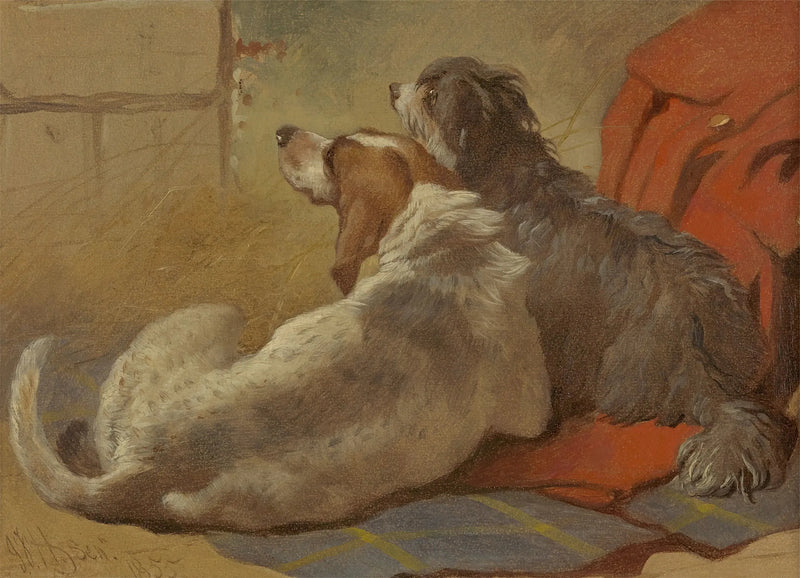 Un chien de chasse et un colley barbu assis sur un manteau de chasse - John Frederick Herring, Sr.