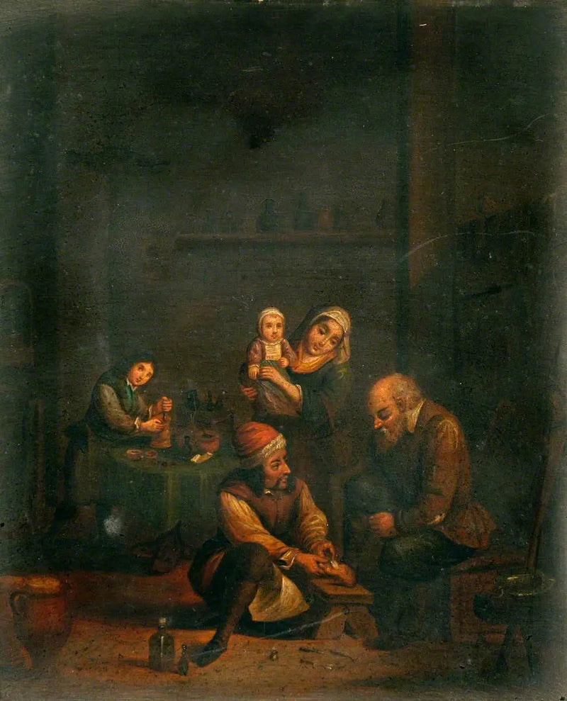 Un chirurgien soignant le pied d'un homme et trois autres personnages - David Teniers le Jeune