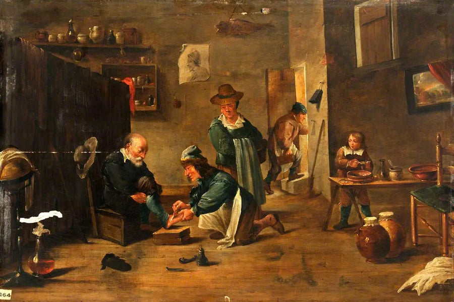 Un chirurgien soigne le pied d'un homme avec un plâtre - David Teniers le Jeune