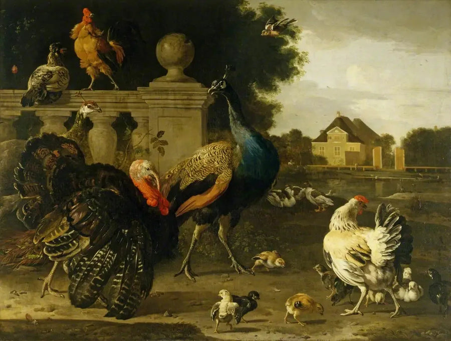 Un coq de dinde et d'autres oiseaux dans un jardin - Melchior de Hondecoeter