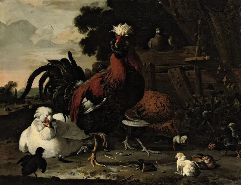 Un coq, des poules, des poussins et un pigeon près d'une palissade de bois dans un paysage - Melchior de Hondecoeter