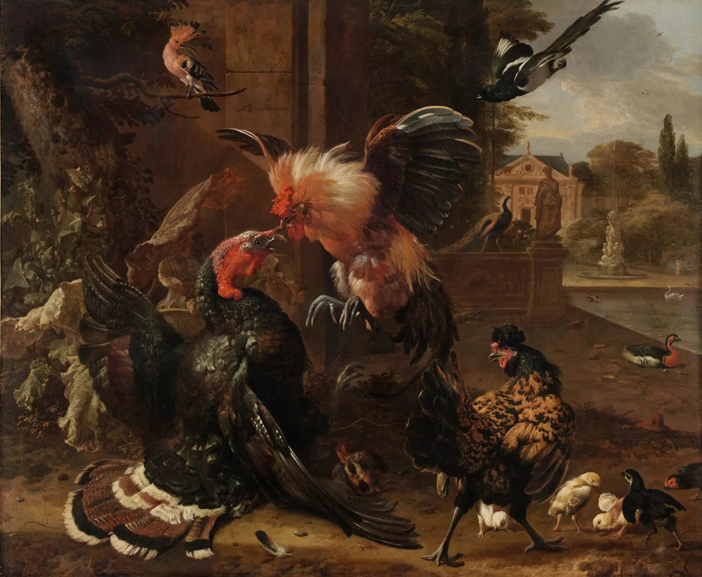 Un coq et une dinde se battent - Melchior de Hondecoeter - Alpha Reproduction