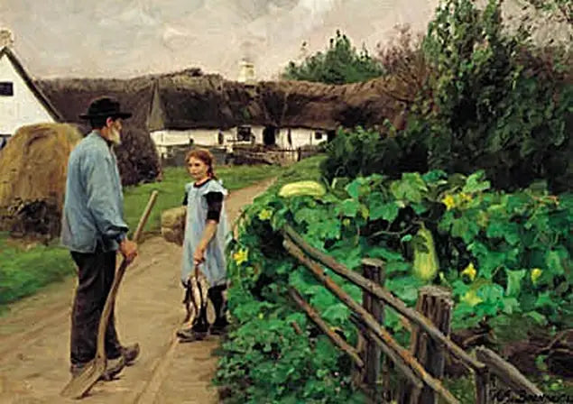 Un homme et une fille discutent sur une route. - H. A. Brendekilde