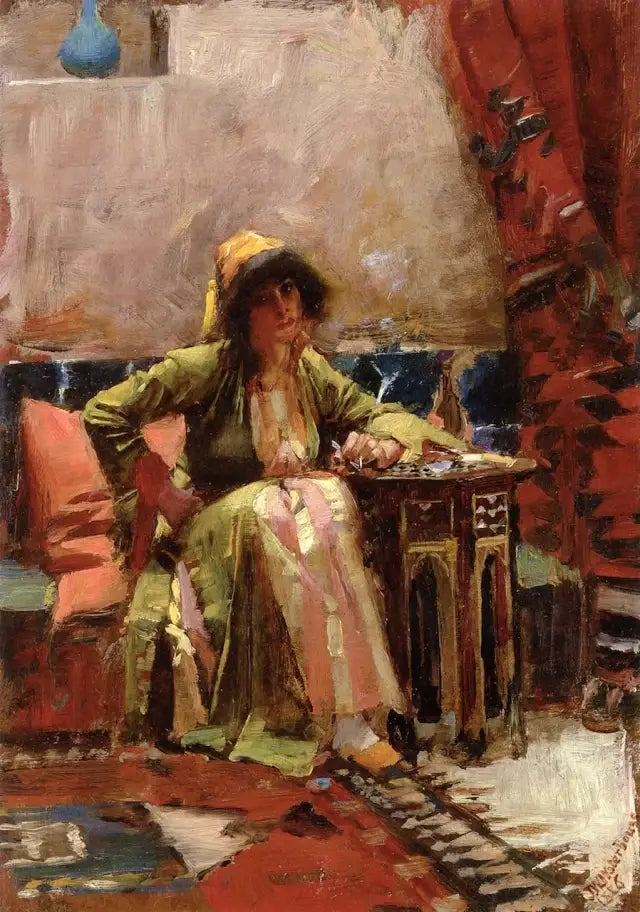 Un intérieur oriental avec une fille assise - John William Waterhouse