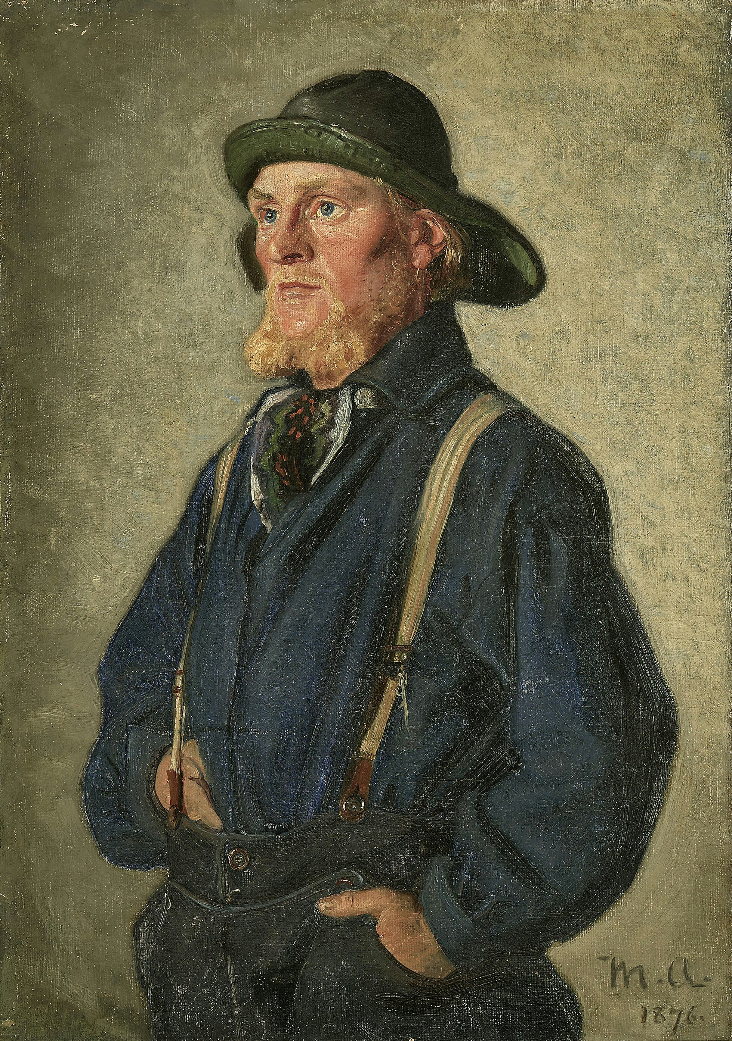 Un jeune pêcheur debout, coiffé d'un ciré vert. - Michael Peter Ancher image 1 reproduction d’œuvre d’art à l’huile