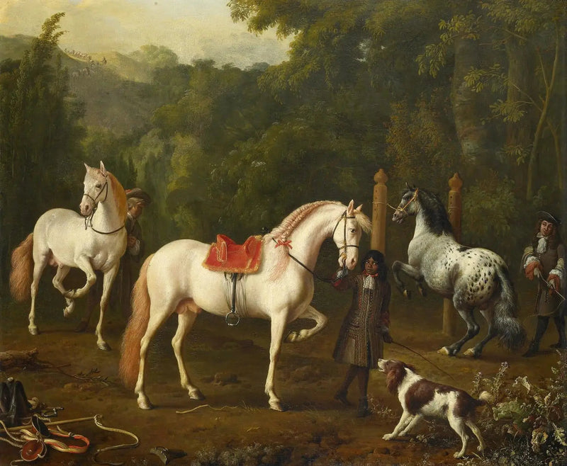 Un palefrenier assistant un maître d'équitation au manège - Melchior de Hondecoeter