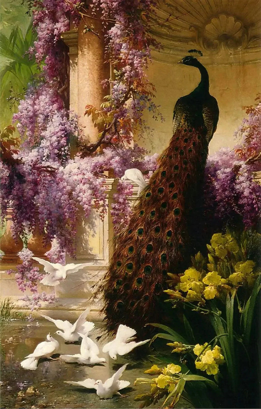 Un paon et des colombes dans un jardin - Eugène Bidau