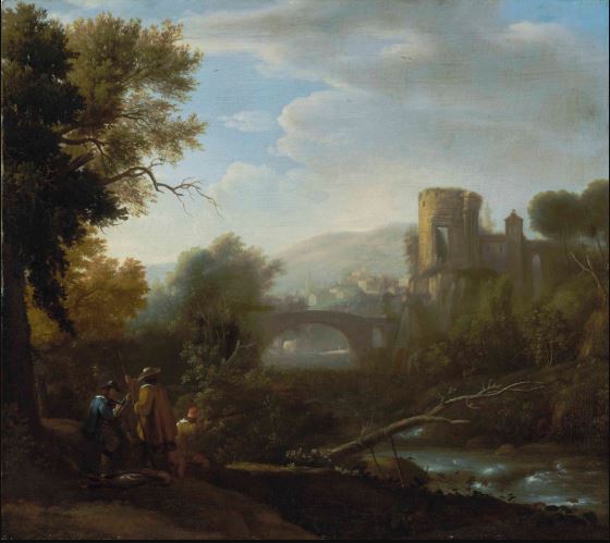Un paysage avec Tivoli et le temple de Vesta, des chasseurs et un artiste dessinant au premier plan - Claude Lorrain