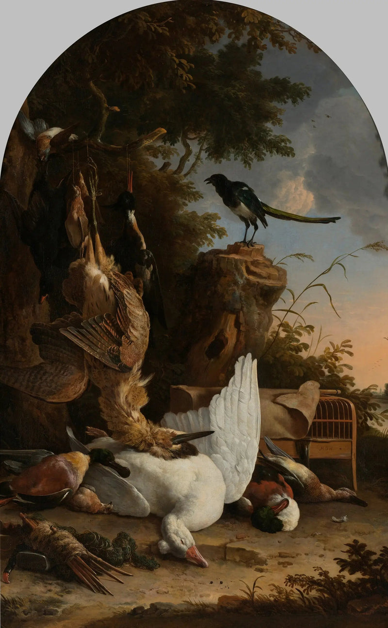 Un sac de chasseur près d'une souche d'arbre avec une pie, connue sous le nom de « la pie contemplative » - Melchior de Hondecoeter