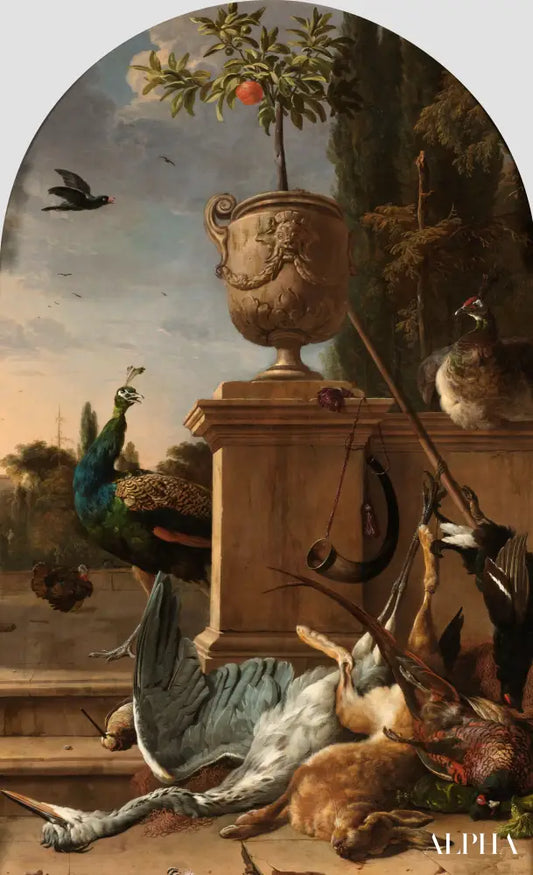 Un sac de chasseur sur une terrasse - Melchior d'Hondecoeter - Reproductions de tableaux et peintures haut de gamme