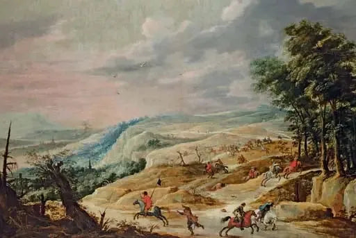 Un vaste paysage avec une escarmouche de cavalerie sur une crête - David Teniers le Jeune