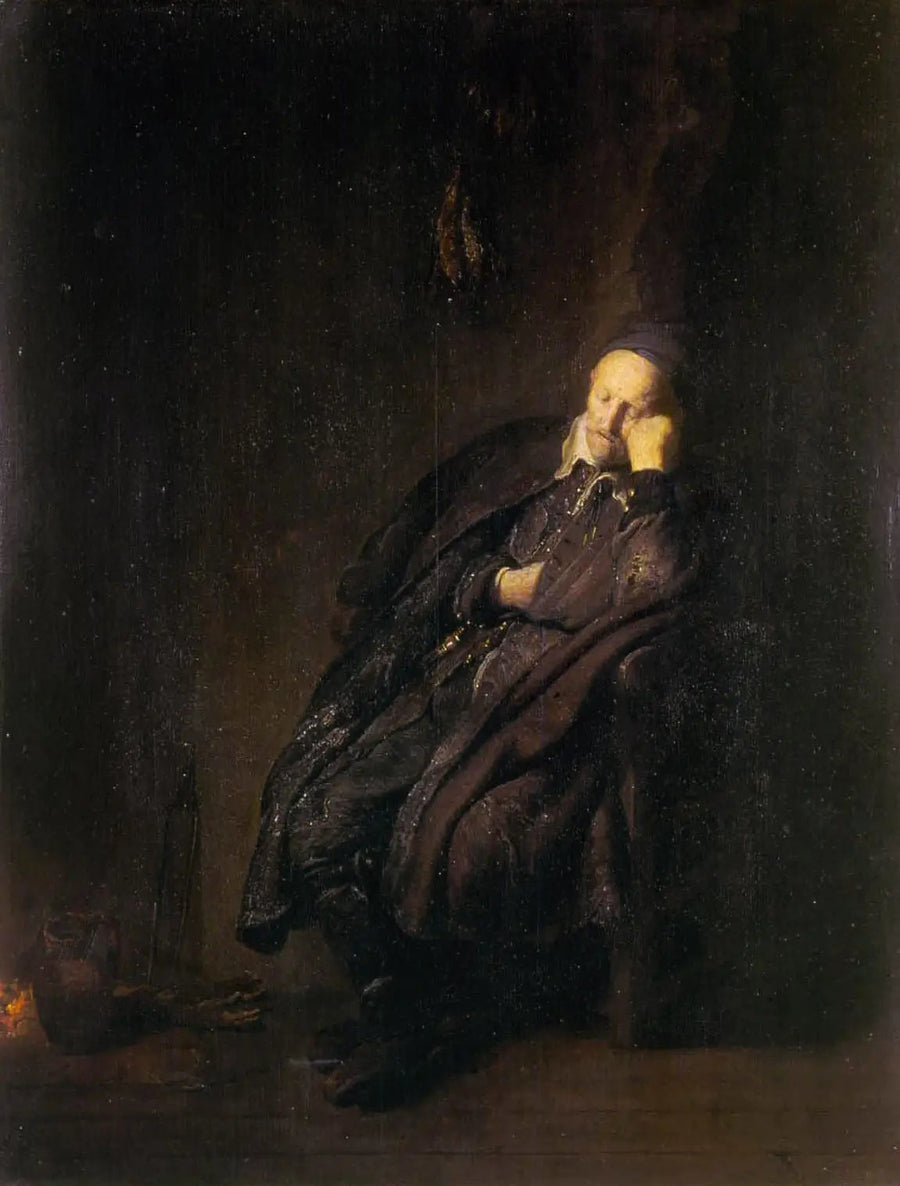 Un vieil homme dort près de - Rembrandt