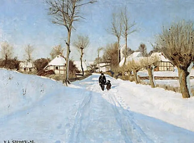 Un vieil homme et une petite fille entre des maisons au toit de chaume. - H. A. Brendekilde image 1 reproduction artisanale de tableau