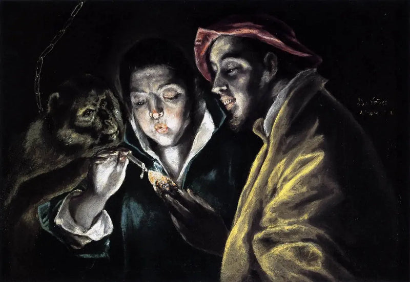 Une allégorie avec un garçon allumant une bougie en compagnie d'un singe et d'un fou - El Greco