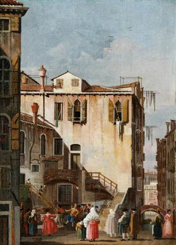 Une cour à Venise avec un homme et une femme dansant - Canaletto