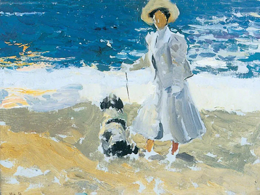 Une dame et un chien sur la plage - Joaquín Sorolla