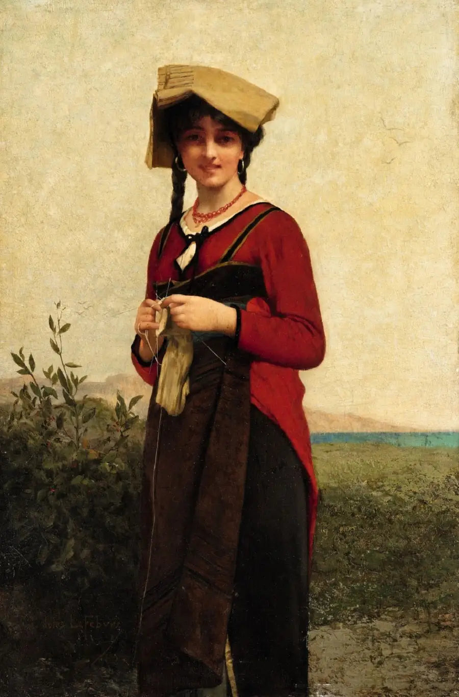 Une dame italienne en train de tricoter - Jules Lefebvre