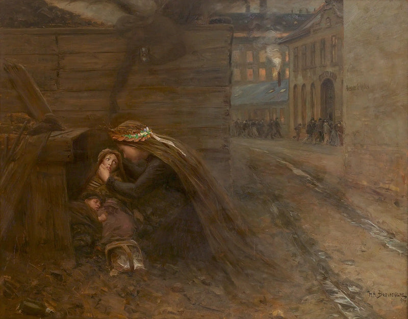 Une femme apporte de la nourriture à deux enfants. - H. A. Brendekilde