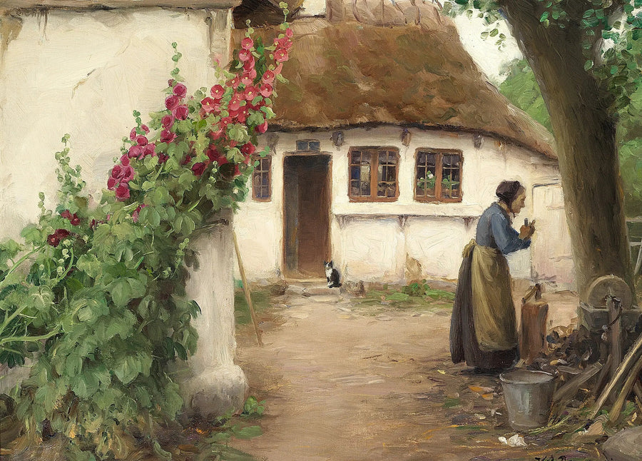 Une femme dans une ferme avec des roses trémières rouges. - H. A. Brendekilde