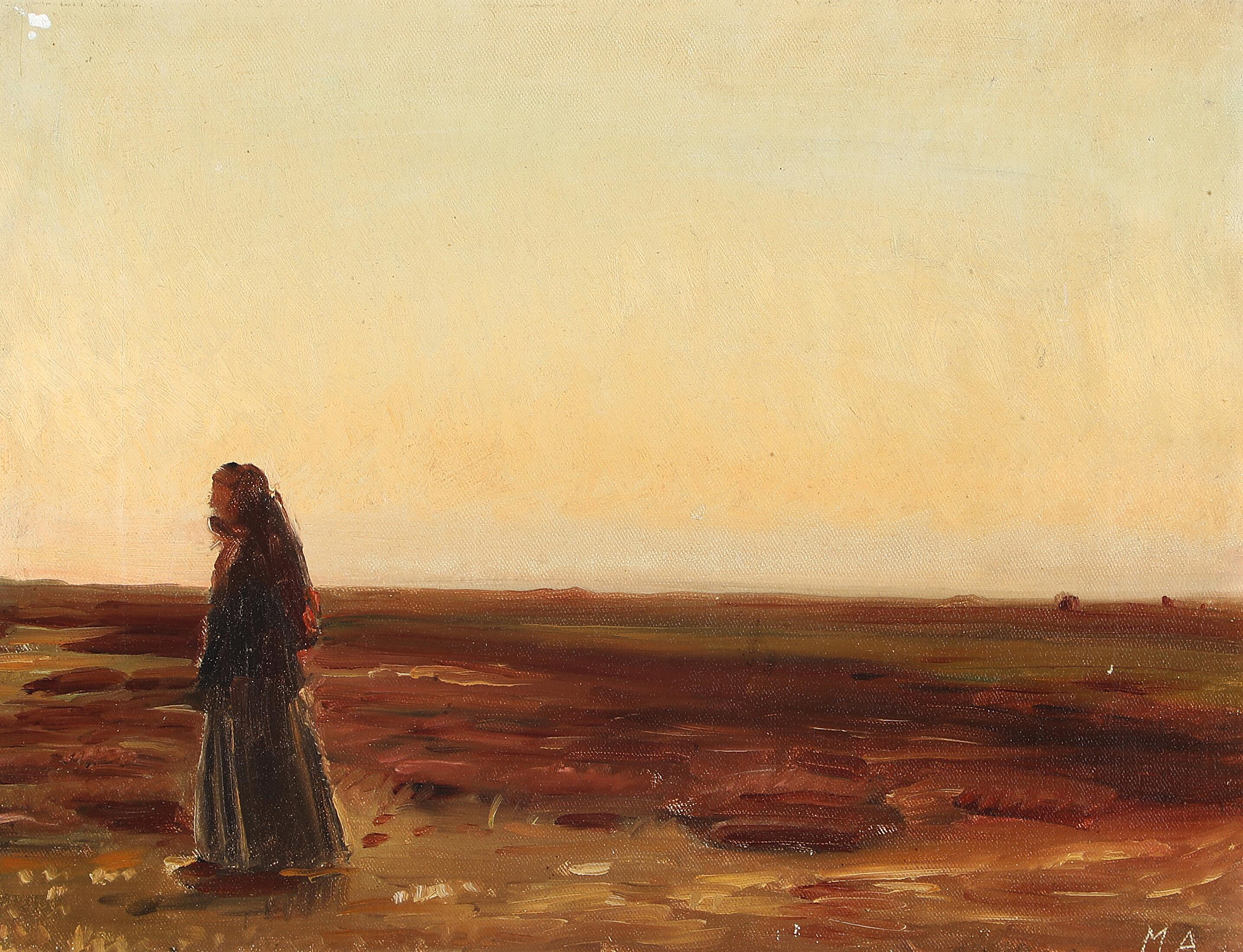 Une femme rentrant chez elle dans la lande au coucher du soleil. - Michael Peter Ancher image 1 copie de tableau peinte à la main