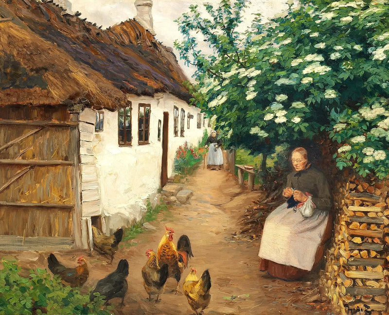 Une femme tricote près d'une vieille maison. - H. A. Brendekilde