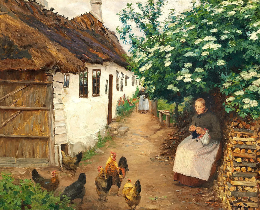 Une femme tricote près d'une vieille maison. - H. A. Brendekilde