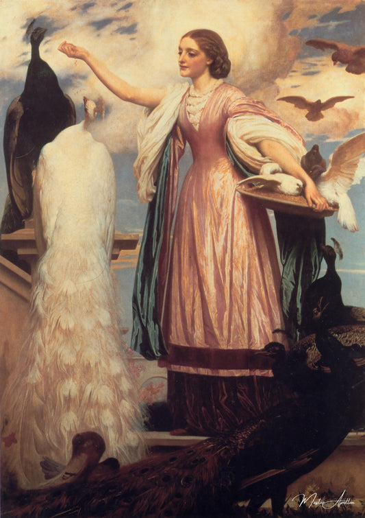 Une fille nourrissant des paons - Frederic Leighton - Reproductions de tableaux et peintures haut de gamme