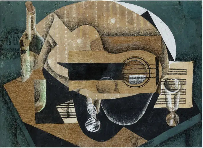 Une guitare, des verres et une bouteille - Juan Gris