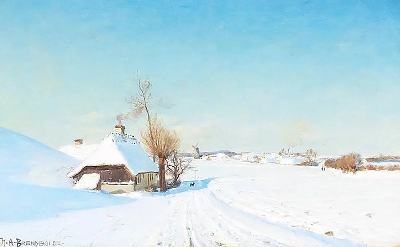 Une journée d'hiver ensoleillée avec des maisons, un moulin et des personnages. - H. A. Brendekilde