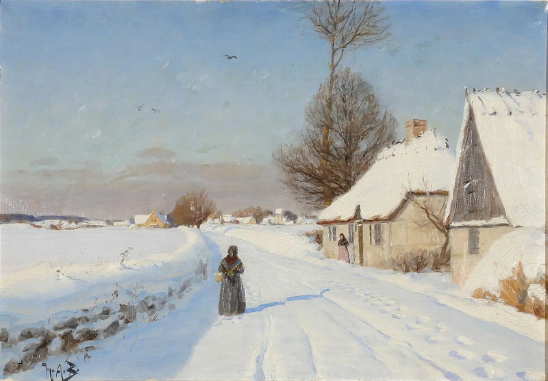 Une journée d'hiver dans un village, montrant des personnes près de maisons au toit de chaume. - H. A. Brendekilde