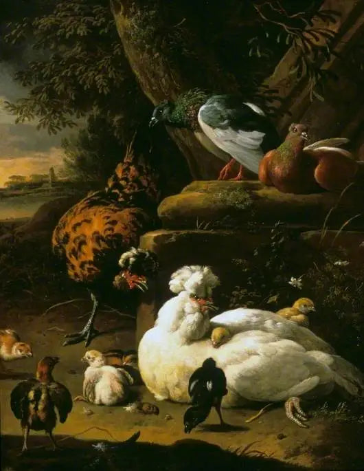 Une poule avec des poussins, un coq et des pigeons dans un paysage - Melchior de Hondecoeter
