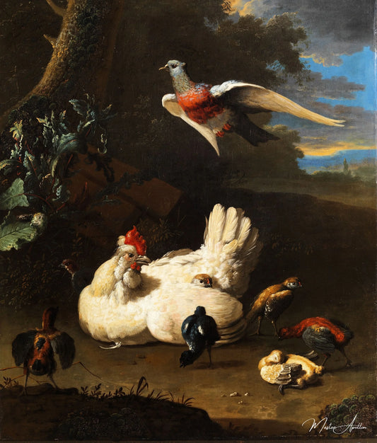 Une poule et ses poussins avec une colombe en vol près d'un arbre - Melchior d'Hondecoeter - Reproductions de tableaux et peintures haut de gamme