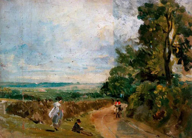 Une route de campagne avec des arbres et des personnages (recto) - John Constable image 1 reproduction artisanale de tableau