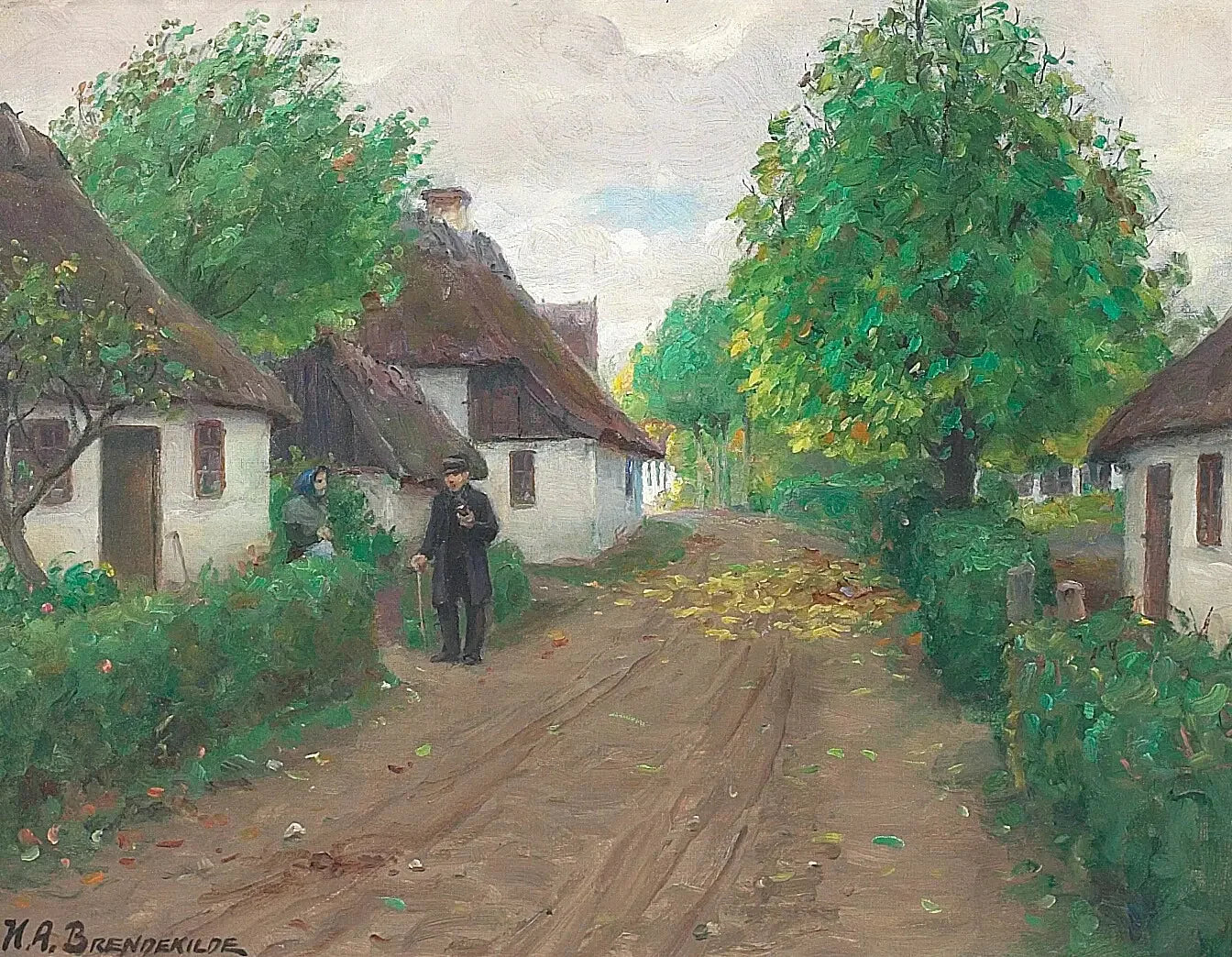 Une route de village avec deux personnes qui discutent. - H. A. Brendekilde image 1 copie peinte à la main à l’huile