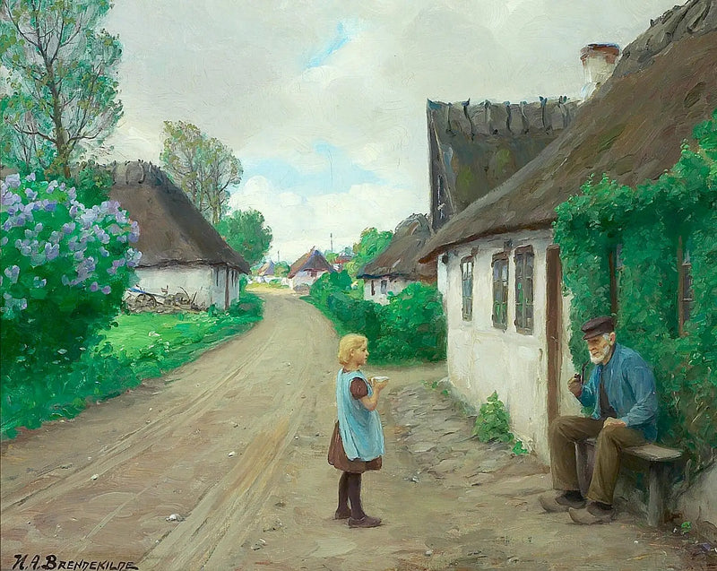 Une route de village avec une jeune fille parlant au vieux Jens Wilhelm de Jyllinge, âgé de 93 ans. - H. A. Brendekilde