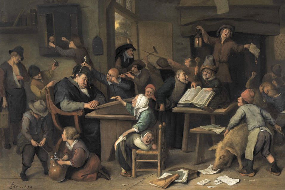 Une salle de classe en ébullition avec un maître d'école qui somnole - Jan Steen image 1 reproduction artisanale de tableau