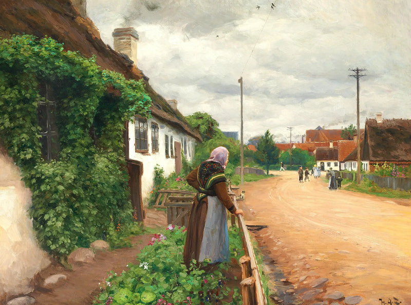 Une vieille femme regarde les enfants du village pendant qu'ils jouent. - H. A. Brendekilde