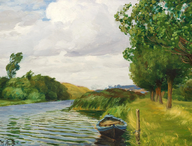 Une vue de la rivière à Odense, avec un bateau. - H. A. Brendekilde