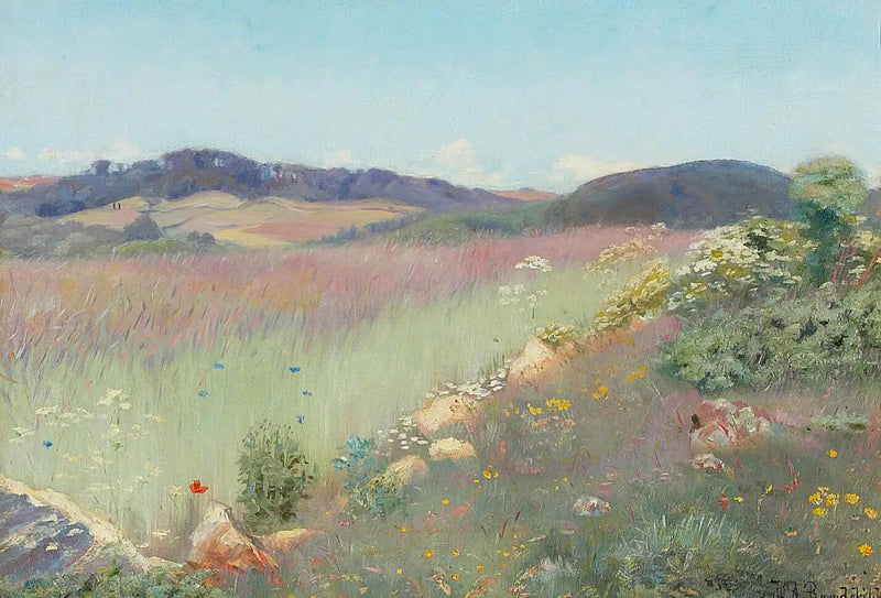 Une vue sur un paysage d'été danois avec des fleurs. - H. A. Brendekilde