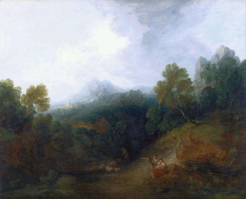 Vallée de montagne avec des personnages et un village lointain - Thomas Gainsborough