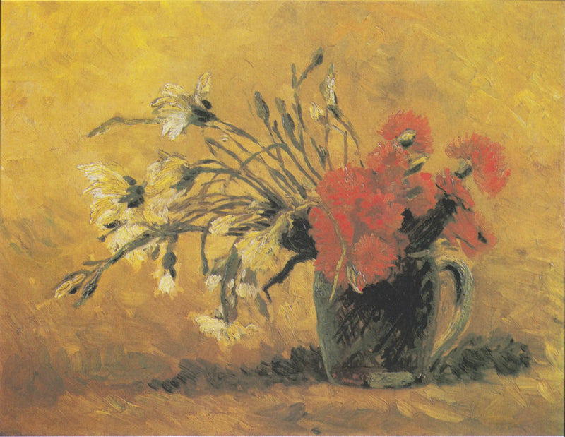 Vase avec œillet rouge et blanc sur fond jaune - Vincent van Gogh