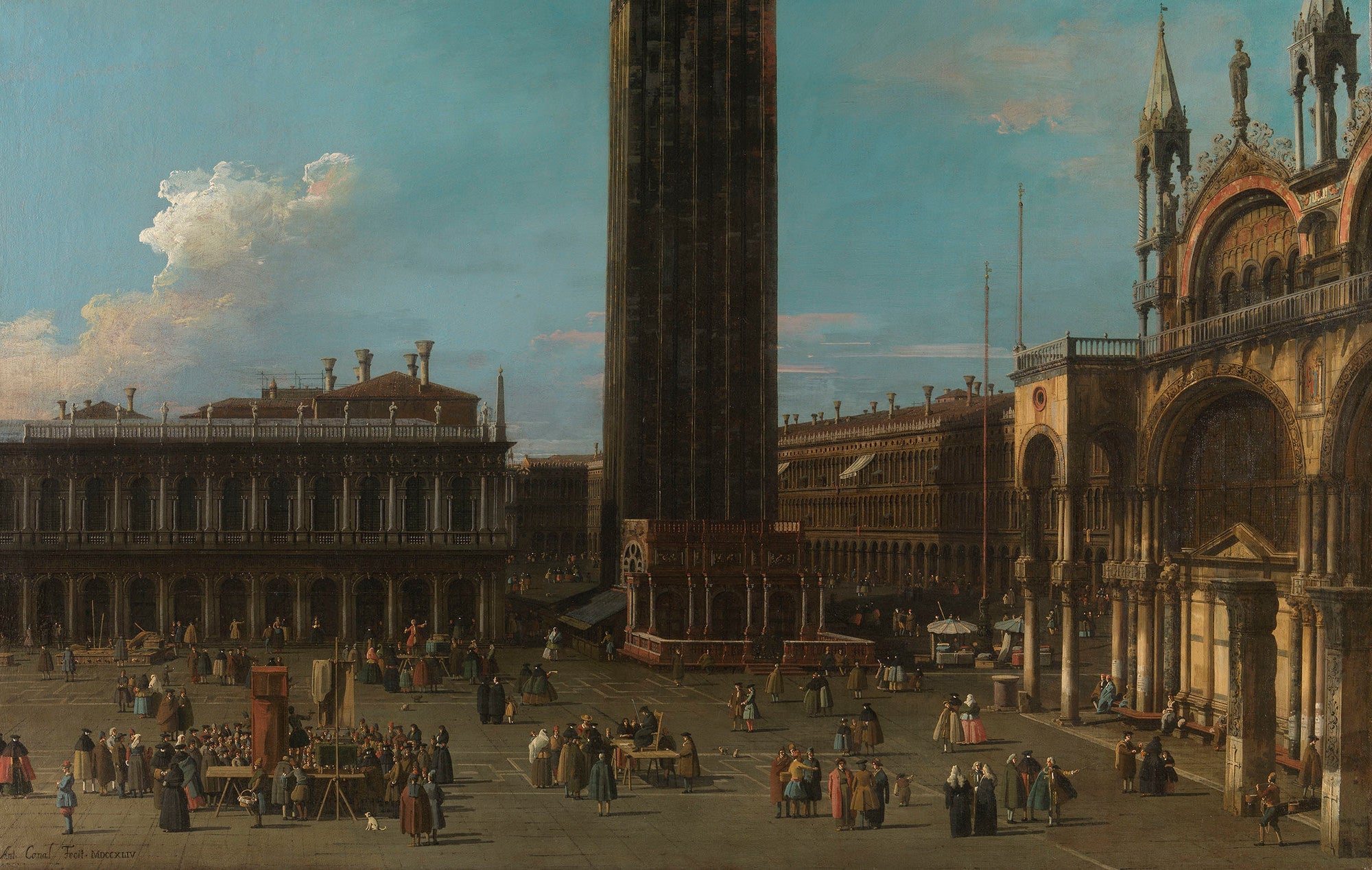 Venise : la Piazza de la Piazzetta avec le campanile et le côté de San Marco - Canaletto