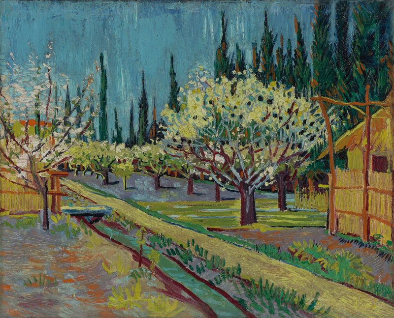 Verger en fleurs bordé de cyprès, F554 – Van Gogh