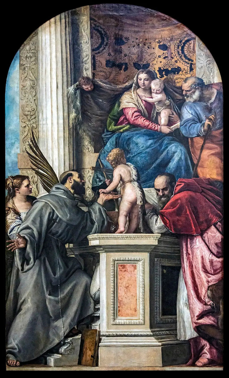 Vierge à l'Enfant avec saint Joseph, Justine de Padoue, François d'Assise, Jean le Baptiste enfant et saint Jérôme. - Paul Véronèse
