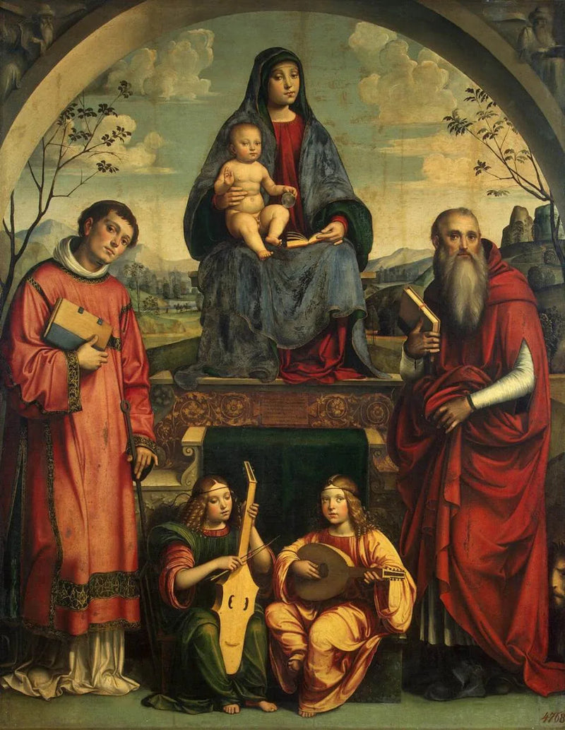 Vierge à l'Enfant avec Saint Laurent, Saint Jérôme et deux anges jouant de la musique - Francesco Francia