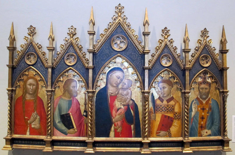 Vierge à l'Enfant, avec saint Marie-Madeleine, saint Jacques le Majeur, saint Étienne et un évêque. - Allegretto Nuzi