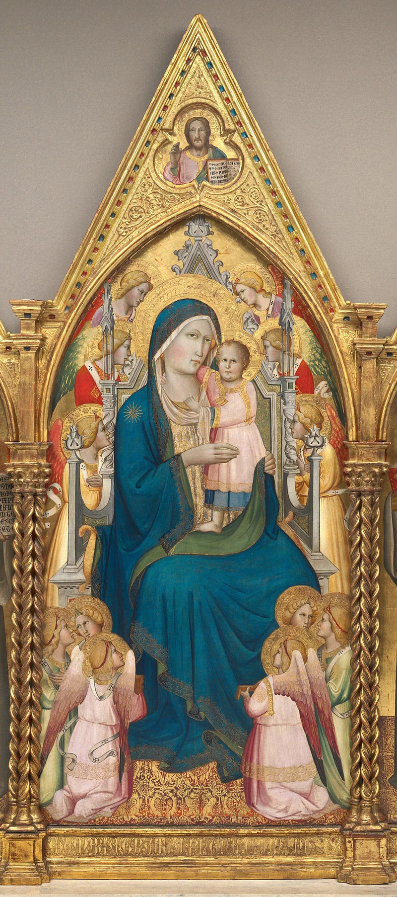 Vierge à l'Enfant trônant avec douze anges et le Christ bénissant [panneau central] - Agnolo Gaddi