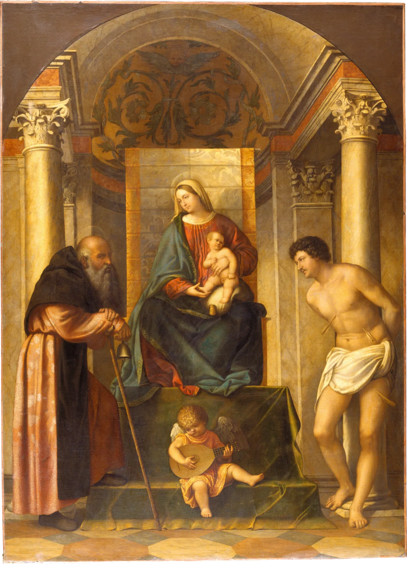 Vierge à l'Enfant trônant avec saint Antoine l'Abbé et saint Sébastien - Alessandro Bonvicino