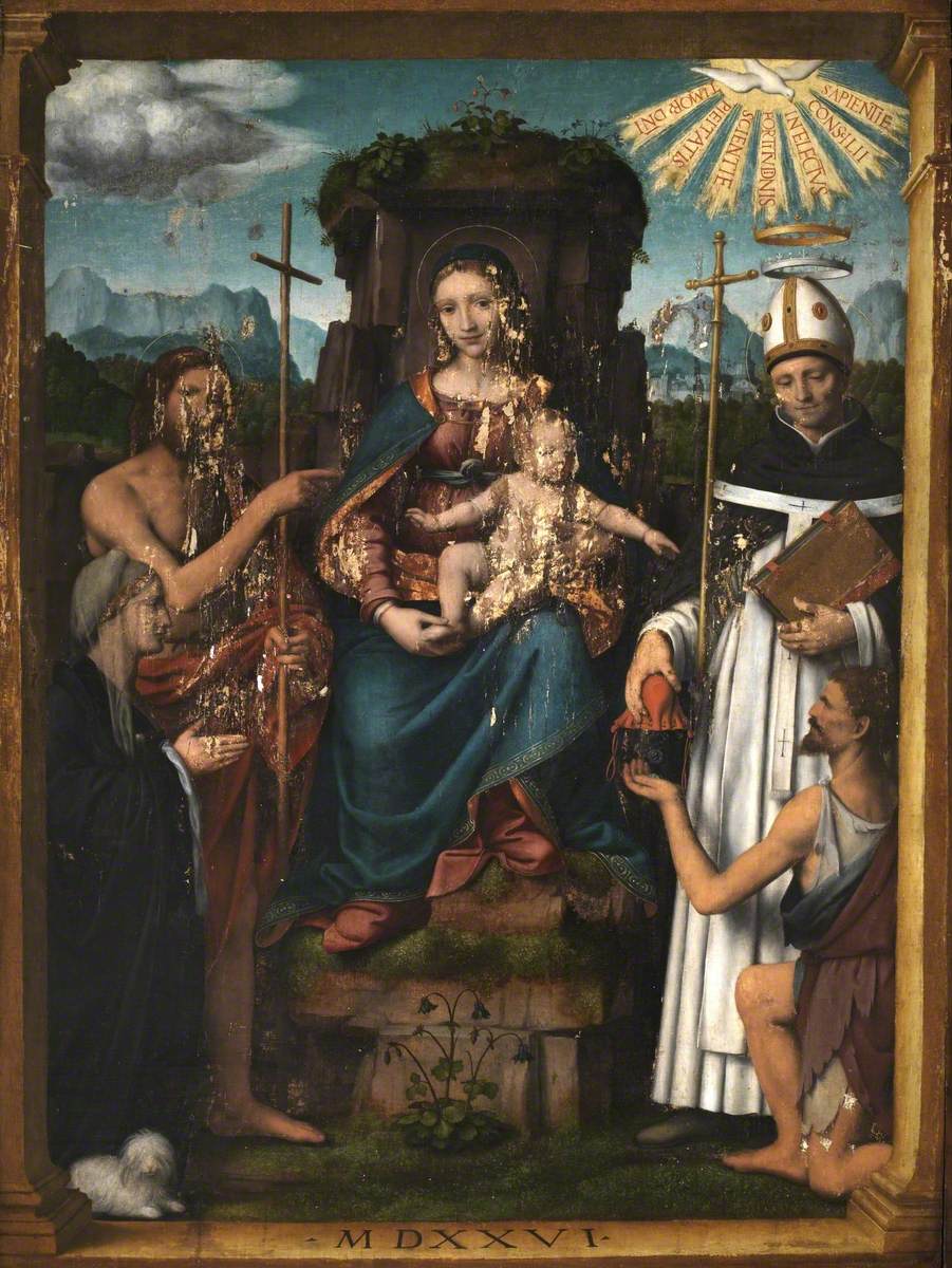 Vierge à l’Enfant trônant avec saint Jean-Baptiste saint Antonin une donatrice et un mendiant - Bernardino Luini